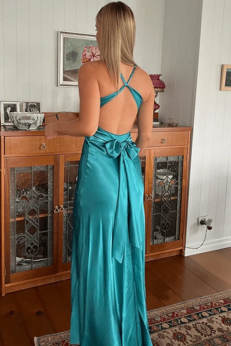 Luxurious Teal Glossy Satin Halter V-Neck Twisted Knot Bodice Crisscross Strappy Open Back Large Satin Bow Detail Figure-Hugging Mermaid Silhouette Floor-Length Evening Dress