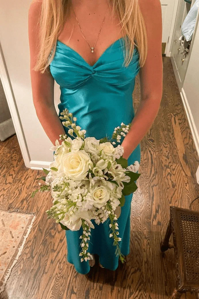 Luxurious Teal Glossy Satin Halter V-Neck Twisted Knot Bodice Crisscross Strappy Open Back Large Satin Bow Detail Figure-Hugging Mermaid Silhouette Floor-Length Evening Dress