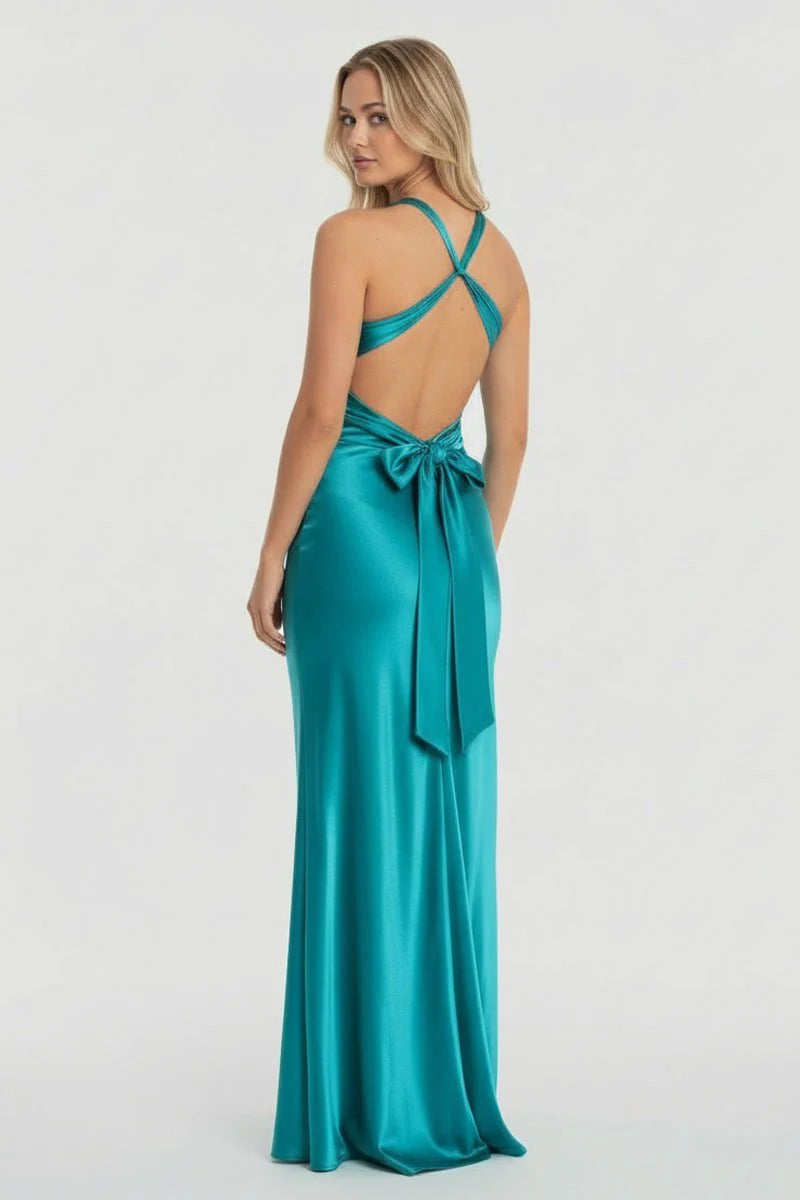 Luxurious Teal Glossy Satin Halter V-Neck Twisted Knot Bodice Crisscross Strappy Open Back Large Satin Bow Detail Figure-Hugging Mermaid Silhouette Floor-Length Evening Dress