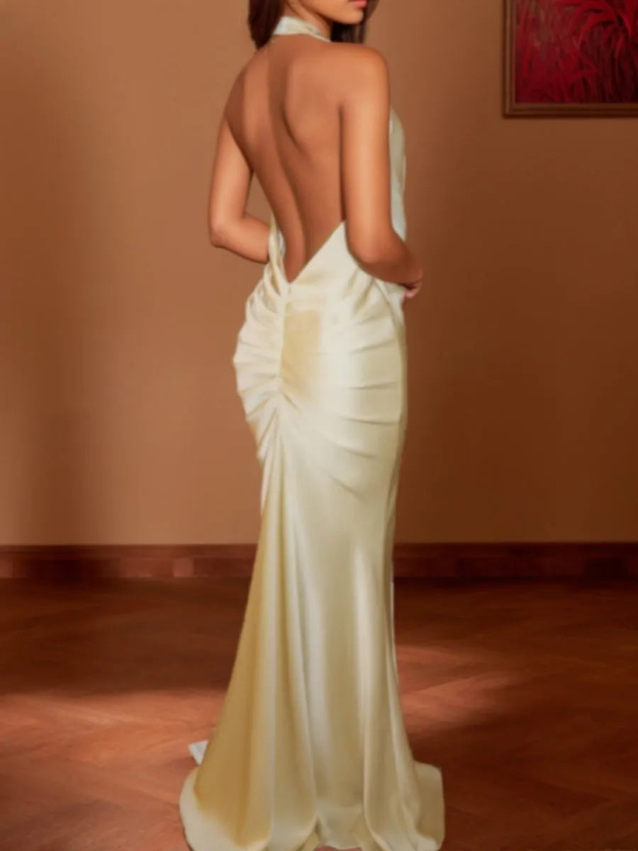 Luxurious Yellow Mermaid Halter Neck Sleeveless Open Back Satin Ruched Floor Length Prom Dresses