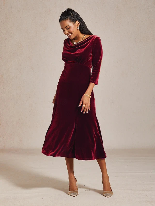 Luxurious A-Line Cowl Neck Three-Quarter Sleeve Ruched Burgundy Midi Prom Dress