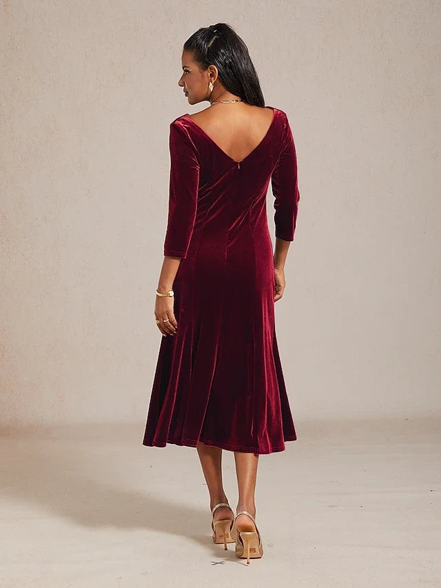 Luxurious A-Line Cowl Neck Three-Quarter Sleeve Ruched Burgundy Midi Prom Dress