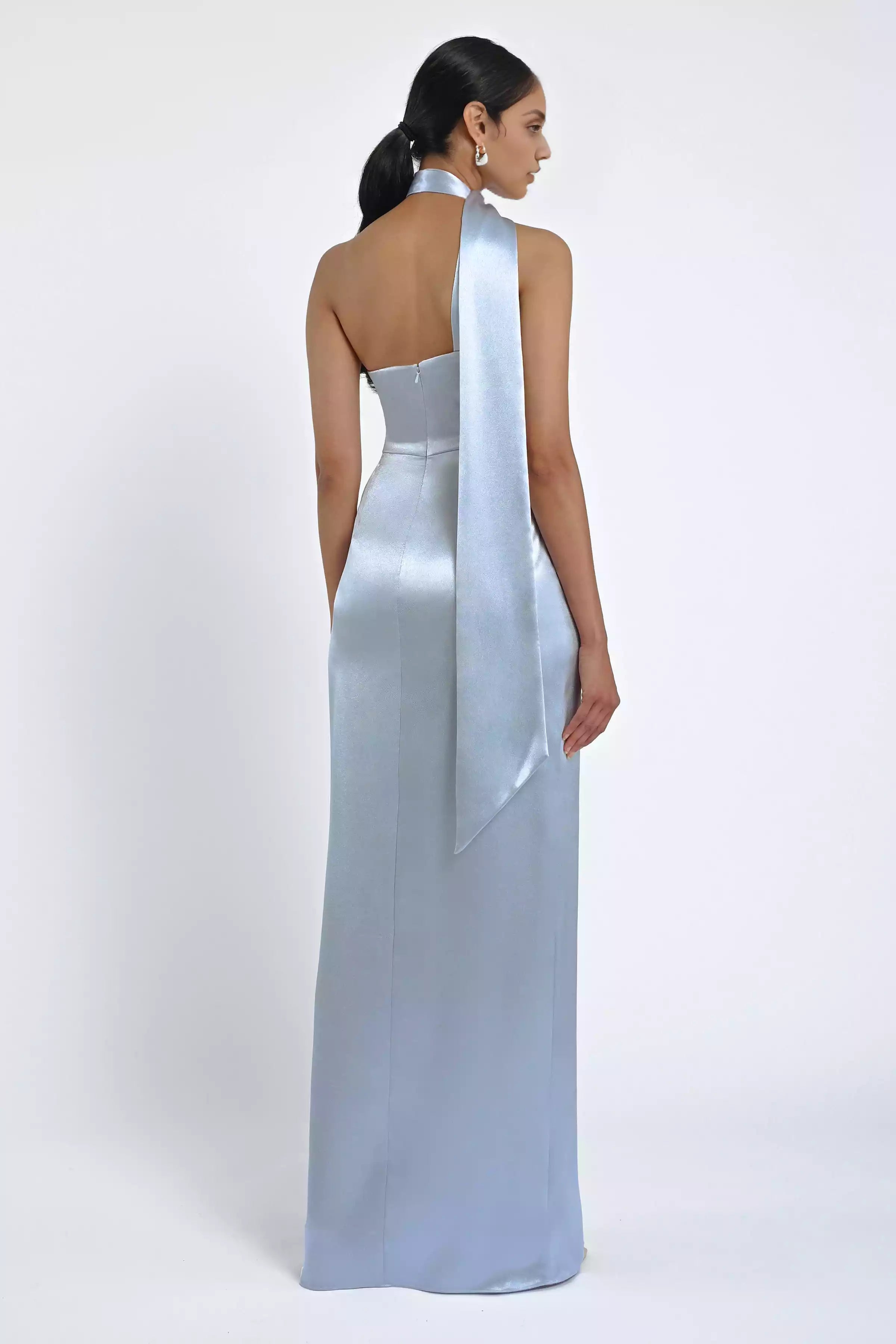 Luxurious asymmetrical backless neckline tight corset, natural waist seam slit skirt, Evening Dresses