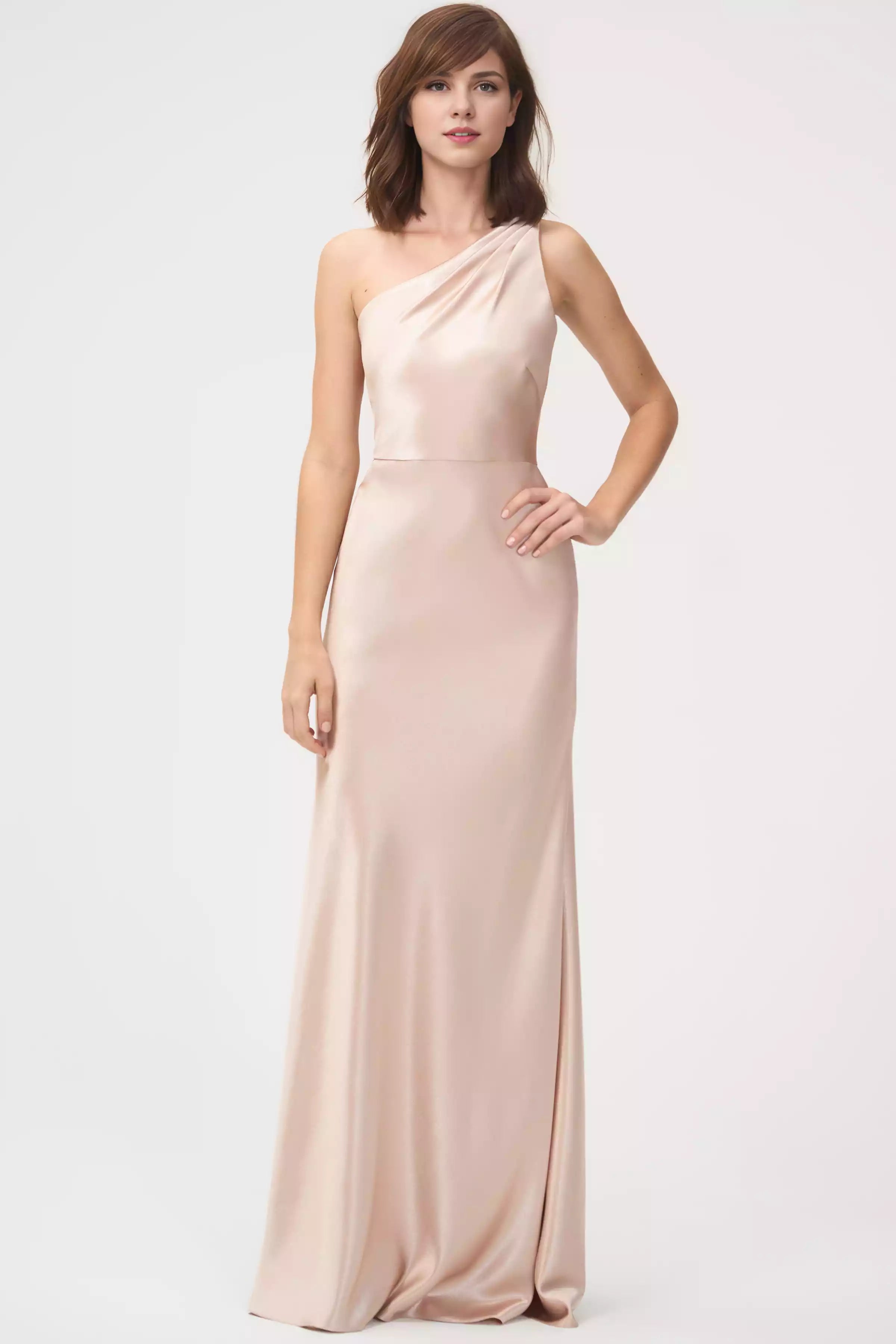 Luxurious satin crepe single shoulder neckline pleated diagonal cut skirt tight corset Evening Dresses