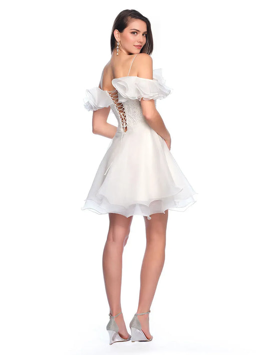 Luxury A-Line Sequins Off the shoulder ruffled sleeves Lace-up back  back Short flounce Homecoming Dress for women hot sale
