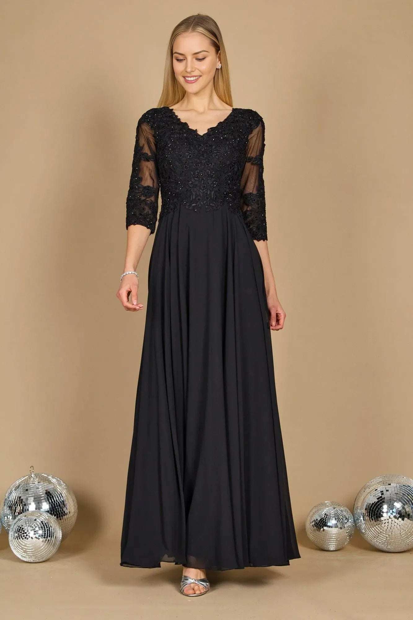 Luxury Black Sheath Lace V Neck Three-Quarter Sleeve Back Zip Ankle-Length Mother of the Bride Dress ready to ship