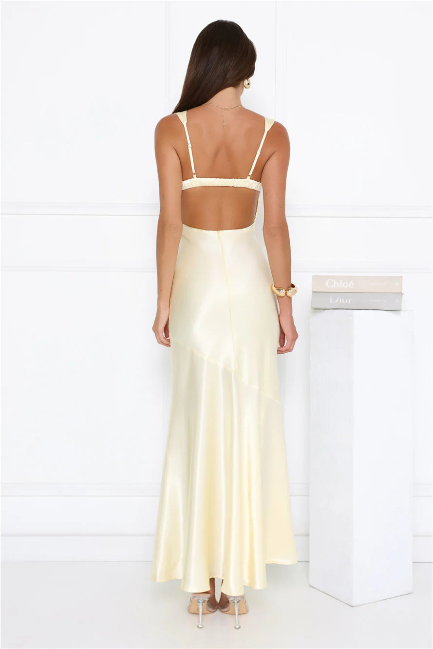 Luxury Buttercream Satin Cowl Neck Maxi Dress with Adjustable Wide Straps, Open Back Ruched Band, Asymmetric Mermaid Skirt and Glossy Satin Finish