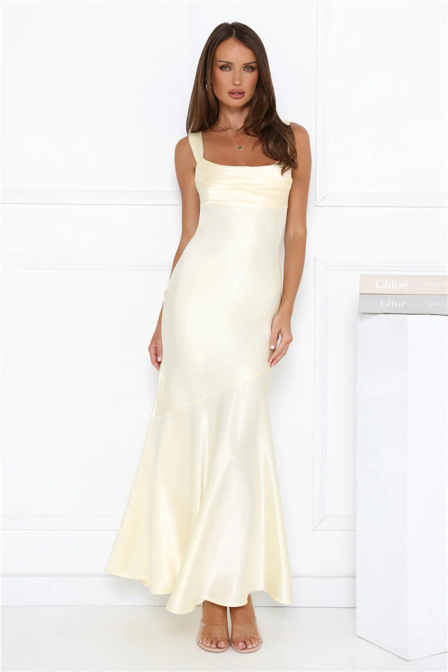 Luxury Buttercream Satin Cowl Neck Maxi Dress with Adjustable Wide Straps, Open Back Ruched Band, Asymmetric Mermaid Skirt and Glossy Satin Finish