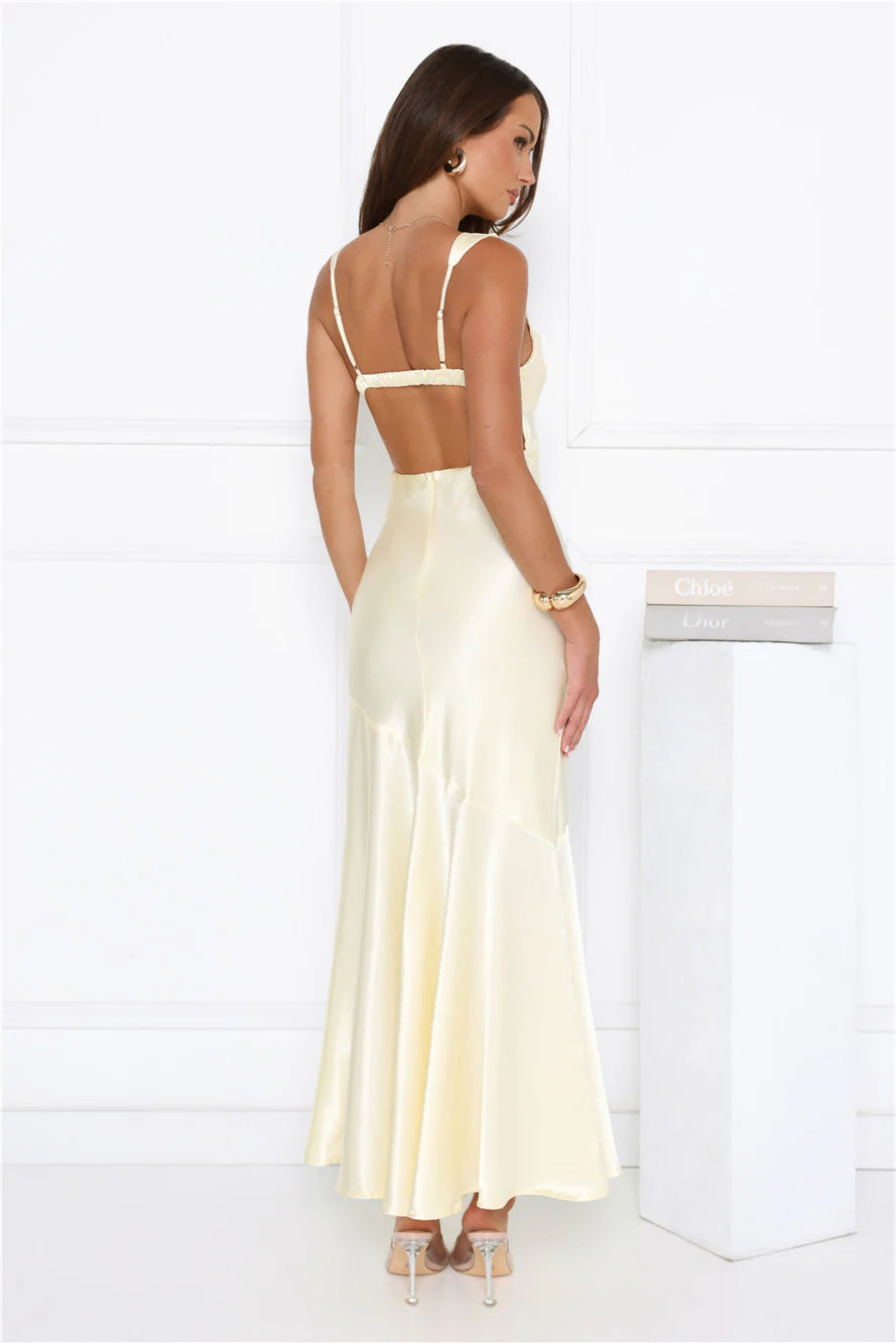 Luxury Buttercream Satin Cowl Neck Maxi Dress with Adjustable Wide Straps, Open Back Ruched Band, Asymmetric Mermaid Skirt and Glossy Satin Finish