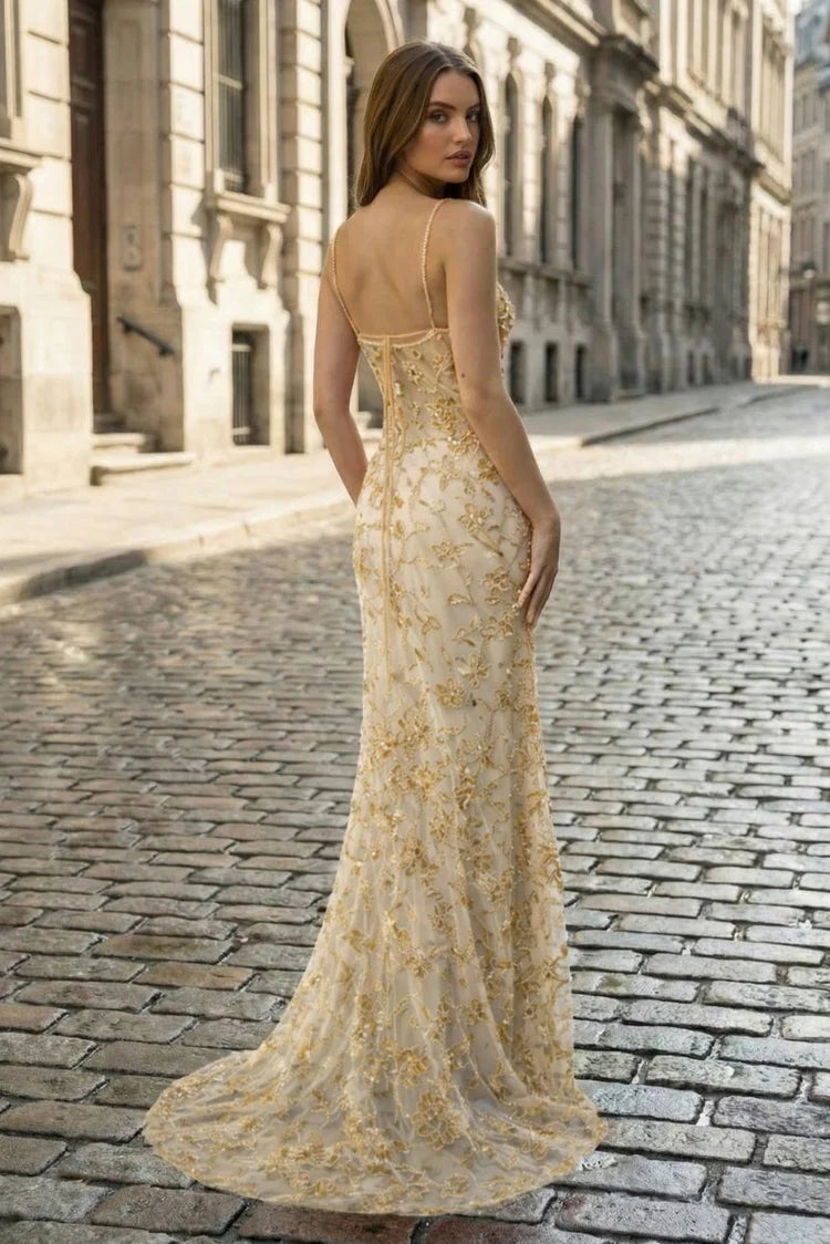 Luxury Champagne Gold Beaded Floral Mermaid Gown with Spaghetti Straps, Deep V-Neckline, Open Back Design and Sweep Train