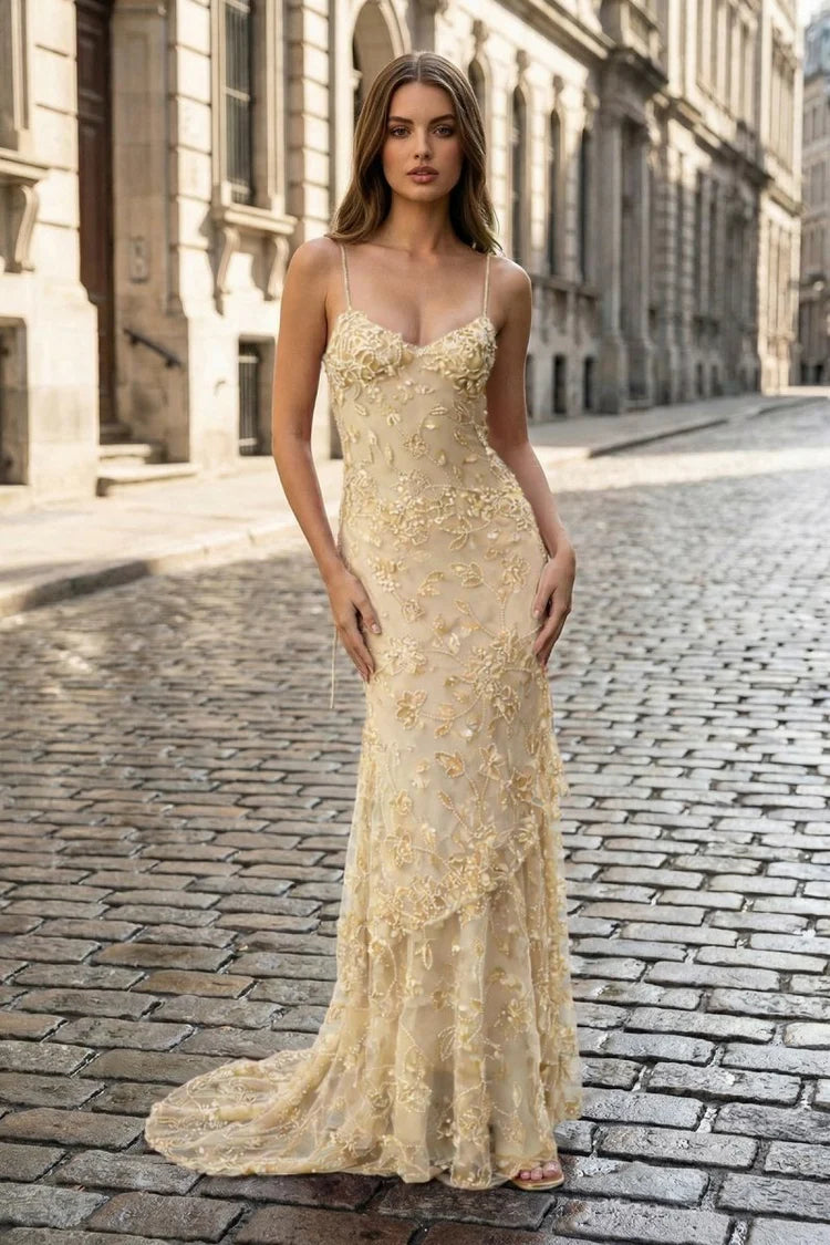 Luxury Champagne Gold Beaded Floral Mermaid Gown with Spaghetti Straps, Deep V-Neckline, Open Back Design and Sweep Train