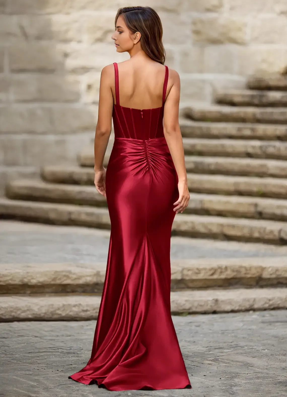 Luxury Mermaid Square Neck Sleeveless Wine Satin Prom Dress with Ruched Waist High Slit