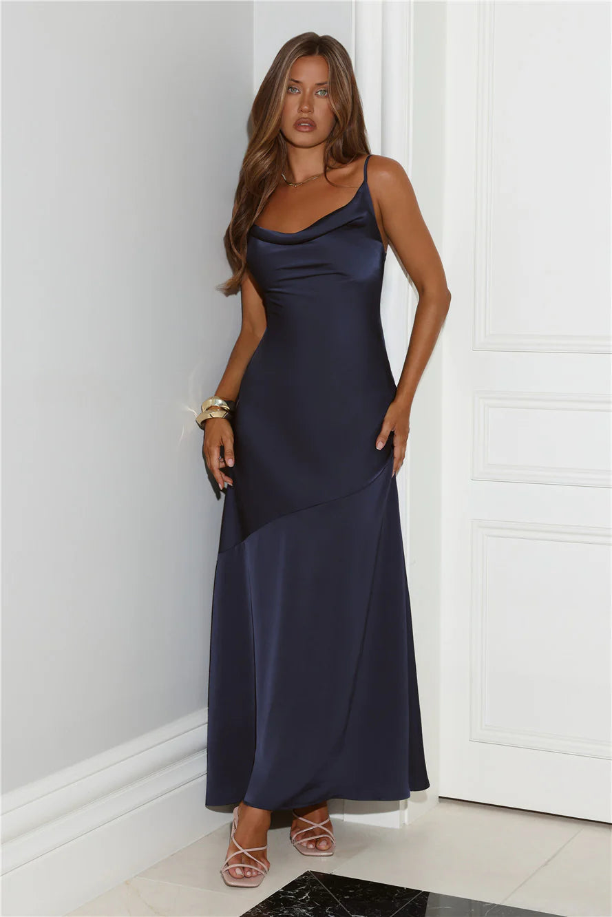 Luxury Navy Blue Satin Cowl Neck Maxi Dress with Adjustable Spaghetti Straps, Asymmetric Draped Skirt and Low Open Back Design