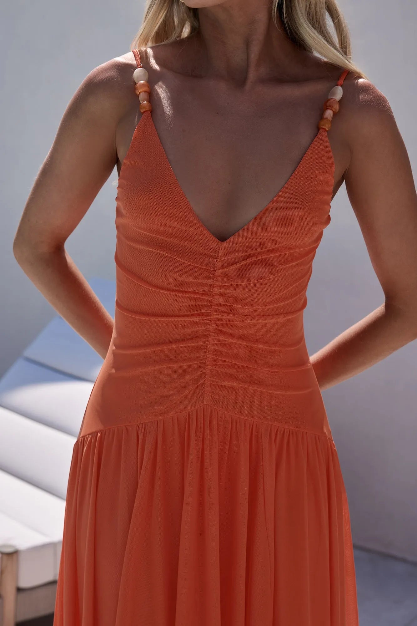 Luxury Orange A-Line V neckline Spaghetti Straps Ruched Chiffon Asymmetric Hem Floor-Length Prom Dresses