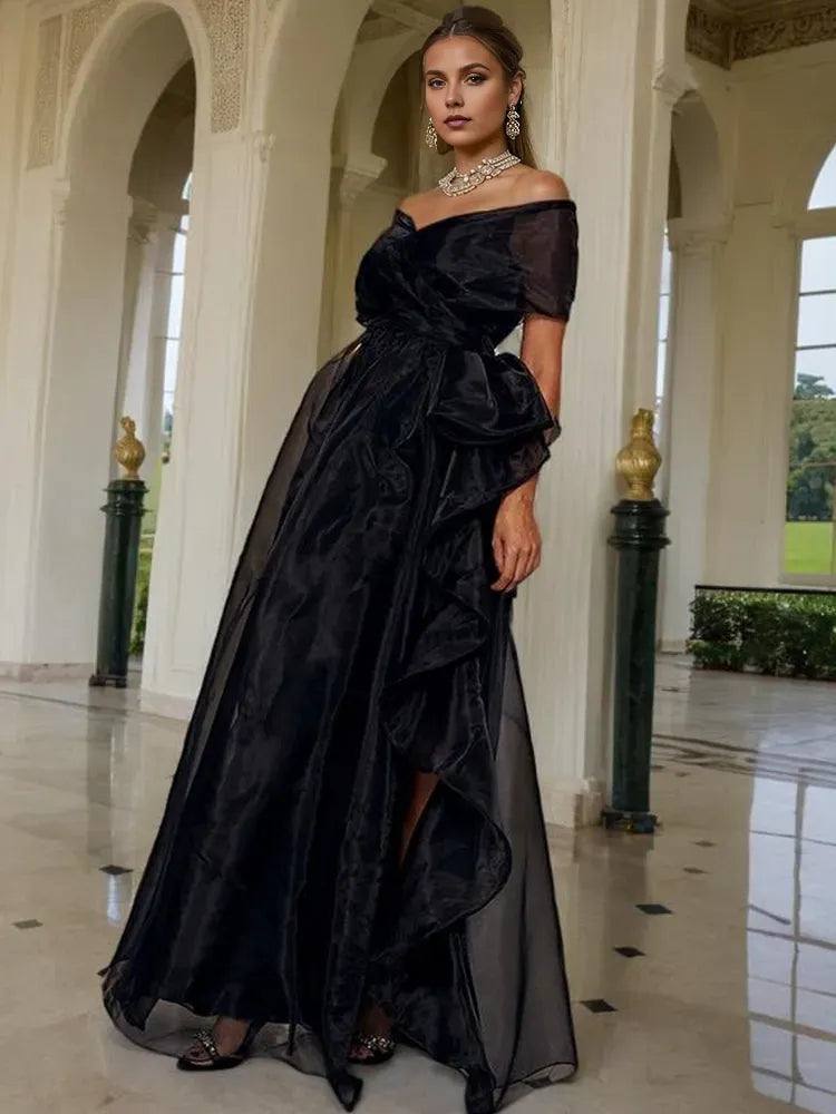 Luxury Organza Black Ball-Gown Off The Shoulder Sleeveless Asymmetric Ruffle Slit Floor-Length Prom Dress
