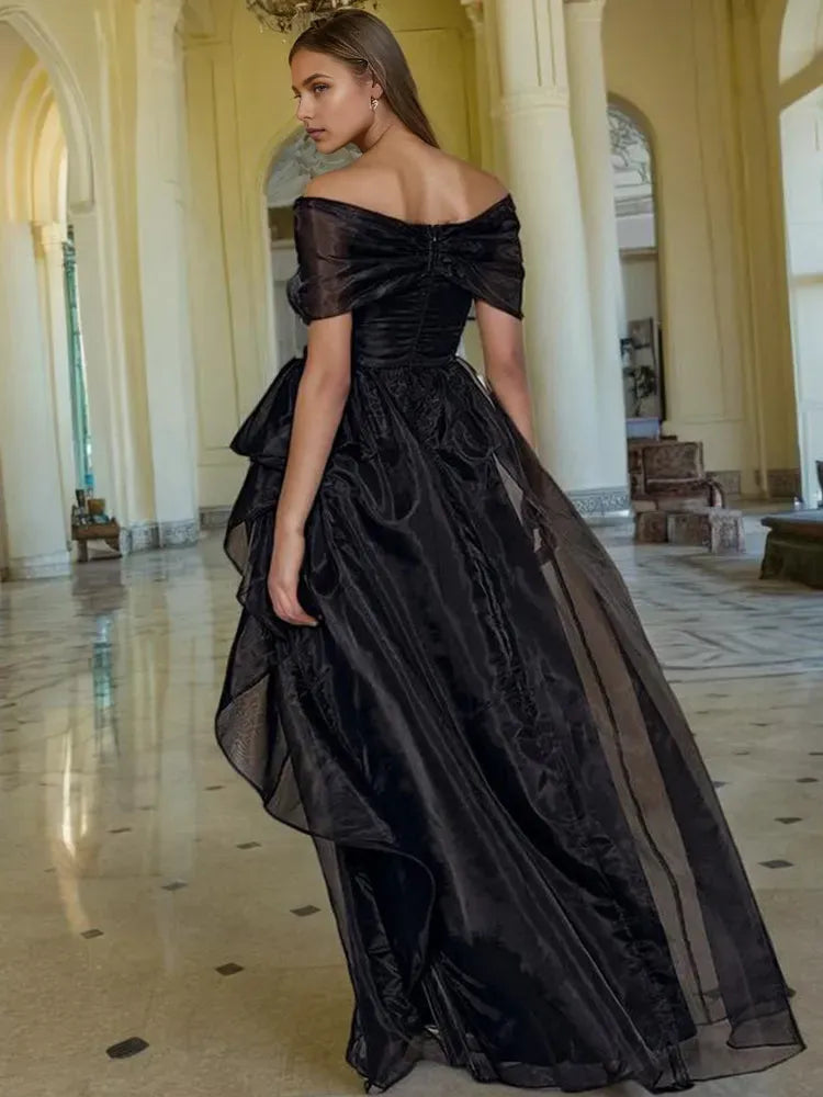 Luxury Organza Black Ball-Gown Off The Shoulder Sleeveless Asymmetric Ruffle Slit Floor-Length Prom Dress