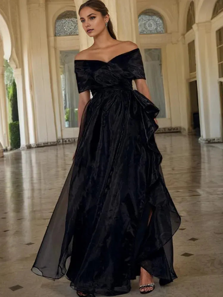 Luxury Organza Black Ball-Gown Off The Shoulder Sleeveless Asymmetric Ruffle Slit Floor-Length Prom Dress