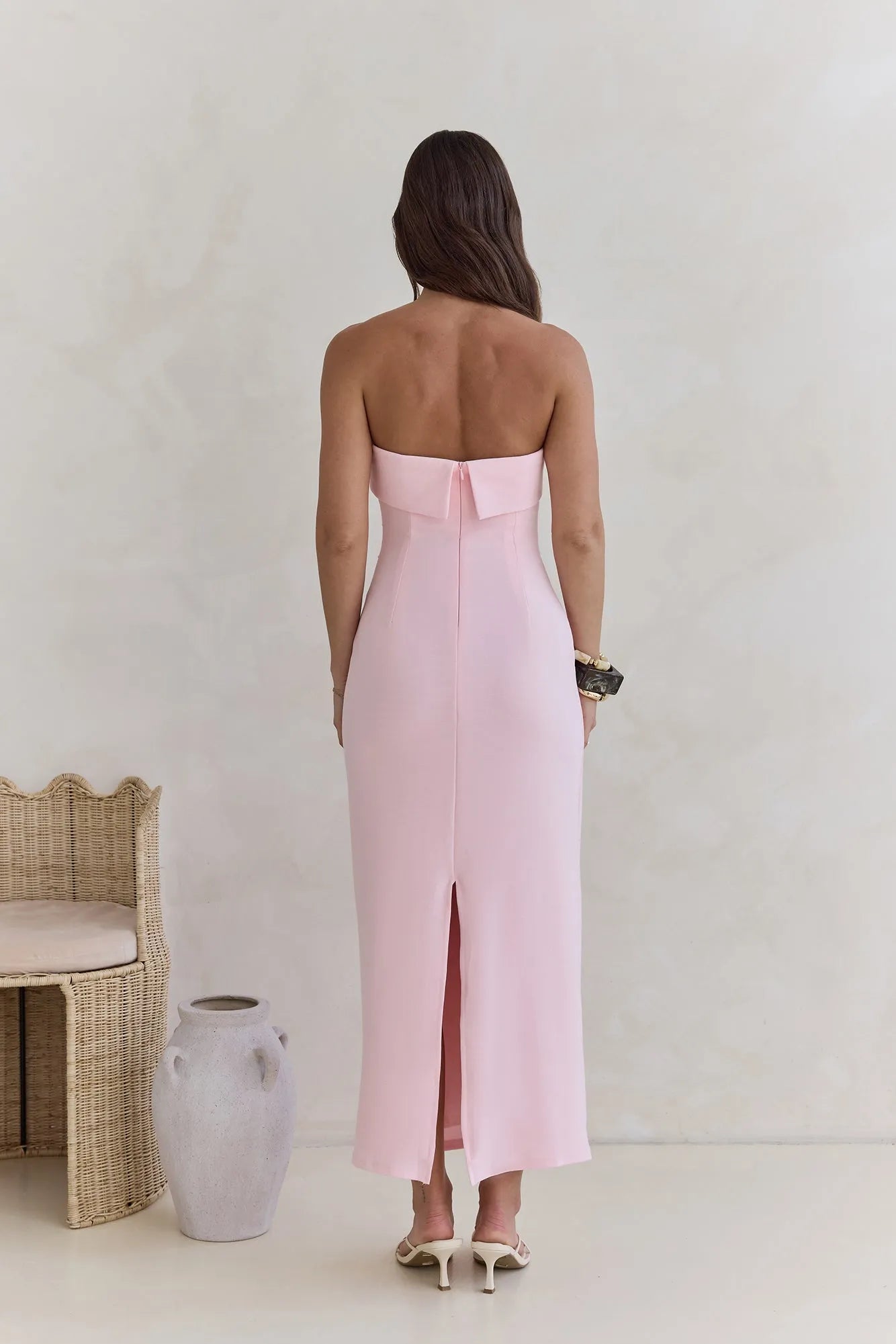 Luxury Pink Sheath Folded Neckline Strapless Back Zip Layered Slit Ankle-Length Prom Dresses