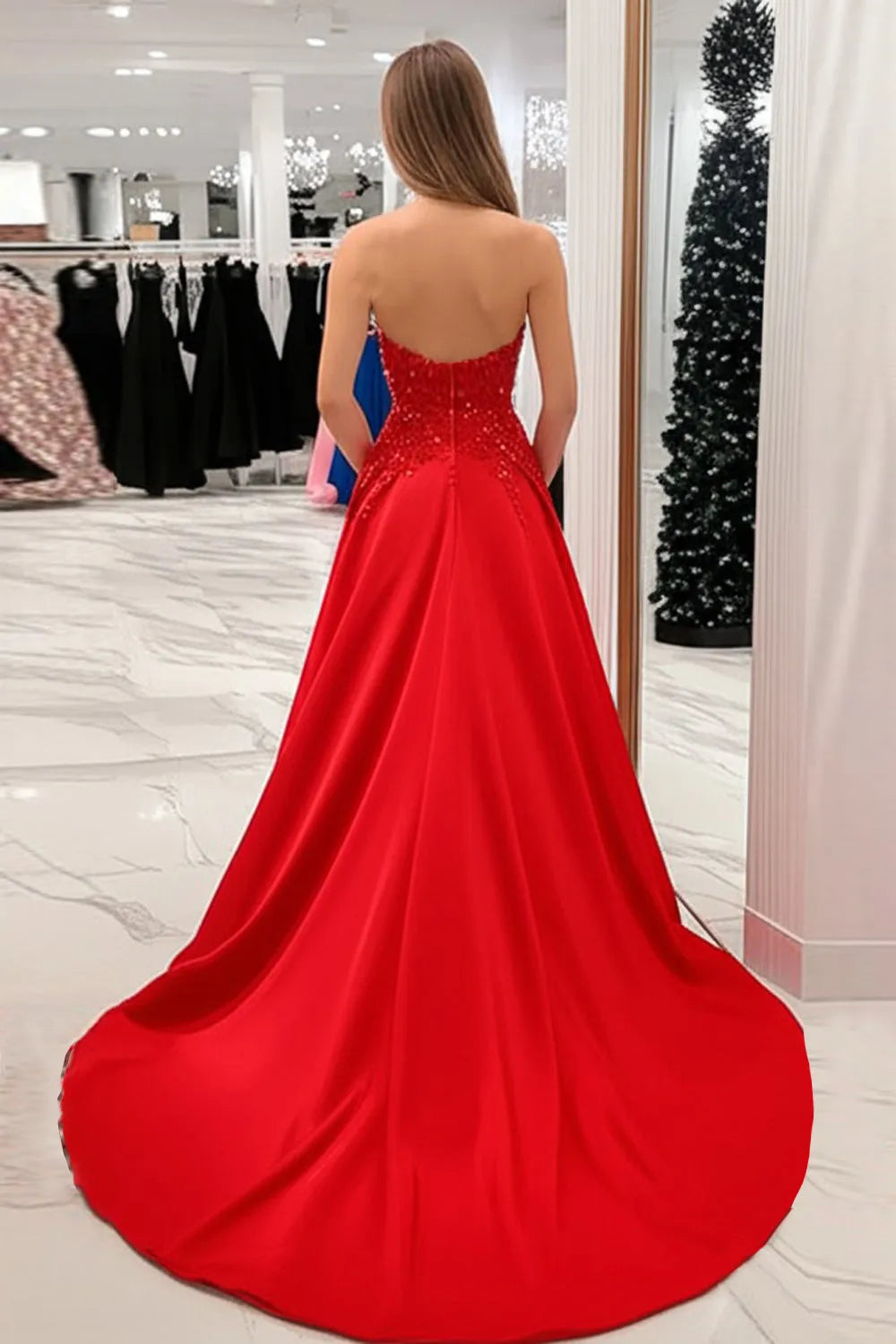 Luxury Red A-Line Sweetheart Neck Strapless Back Zip Floor-Length Beaded Satin Prom Dress with Appliques