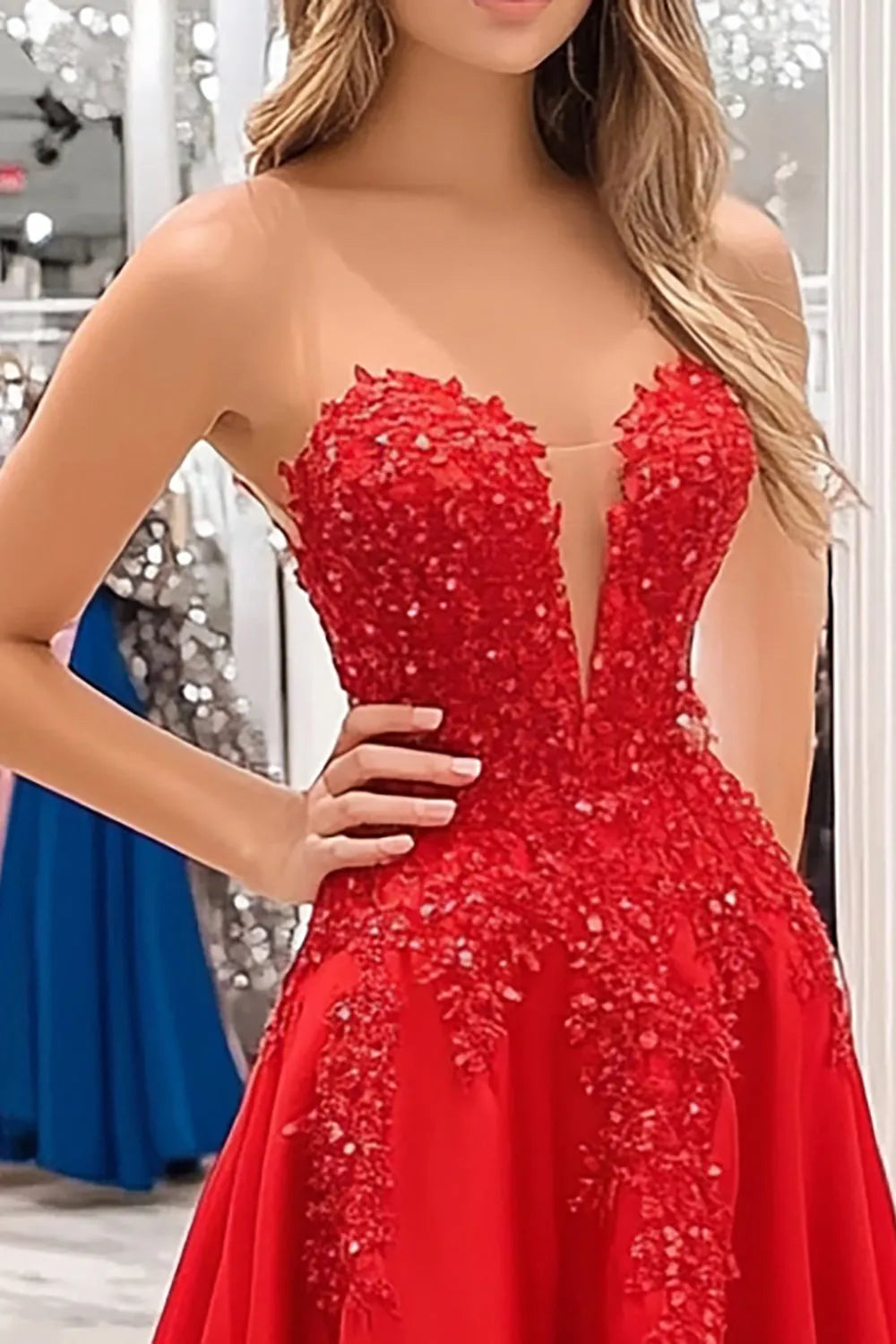 Luxury Red A-Line Sweetheart Neck Strapless Back Zip Floor-Length Beaded Satin Prom Dress with Appliques