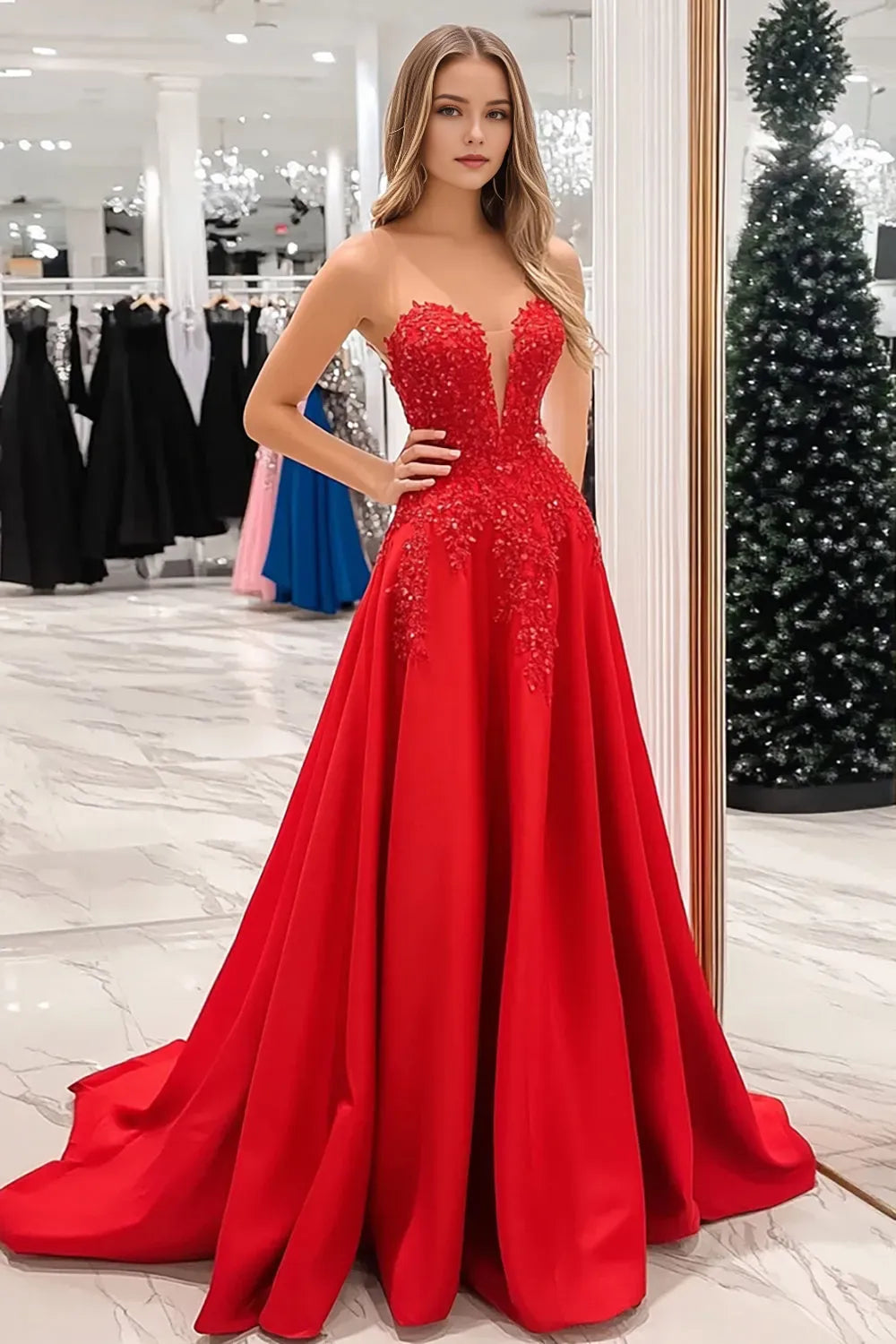 Luxury Red A-Line Sweetheart Neck Strapless Back Zip Floor-Length Beaded Satin Prom Dress with Appliques