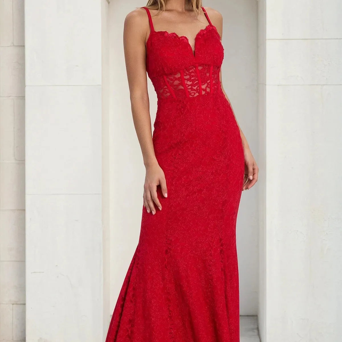 Luxury Red Mermaid Sweetheart Neckline Sleeveless Lace Strap Cut-Out Back Floor-Length Prom Dress