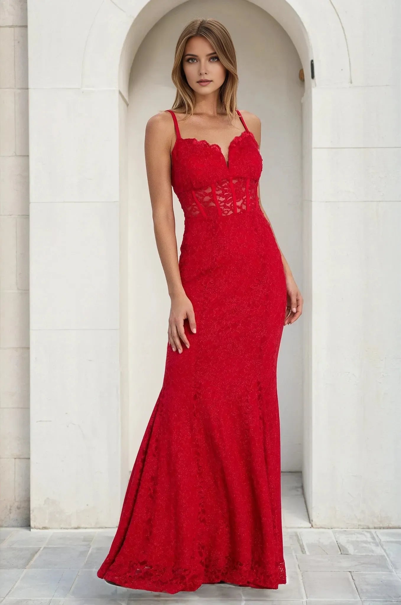 Luxury Red Mermaid Sweetheart Neckline Sleeveless Lace Strap Cut-Out Back Floor-Length Prom Dress