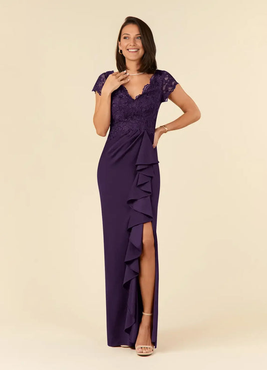 Luxury Sheath V-Neck Cap Sleeves Illusion Back Zip Floor-Length Side Leg Slit Mother of the Bride Dress for women hot sale