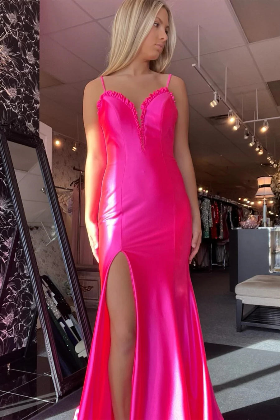 Lace up pleated mermaid long ball dress with slit