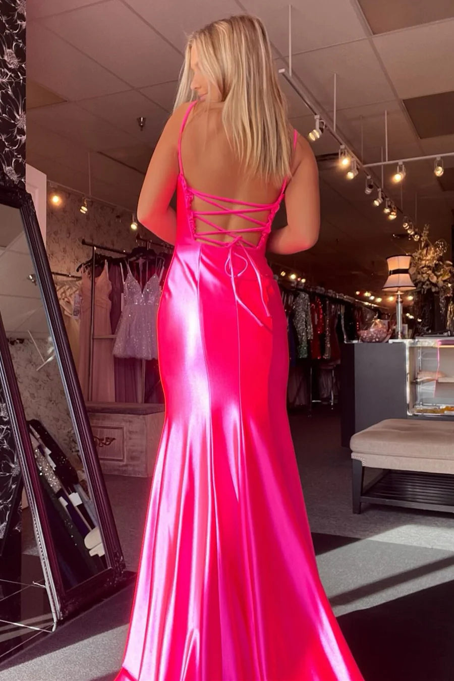 Lace up pleated mermaid long ball dress with slit