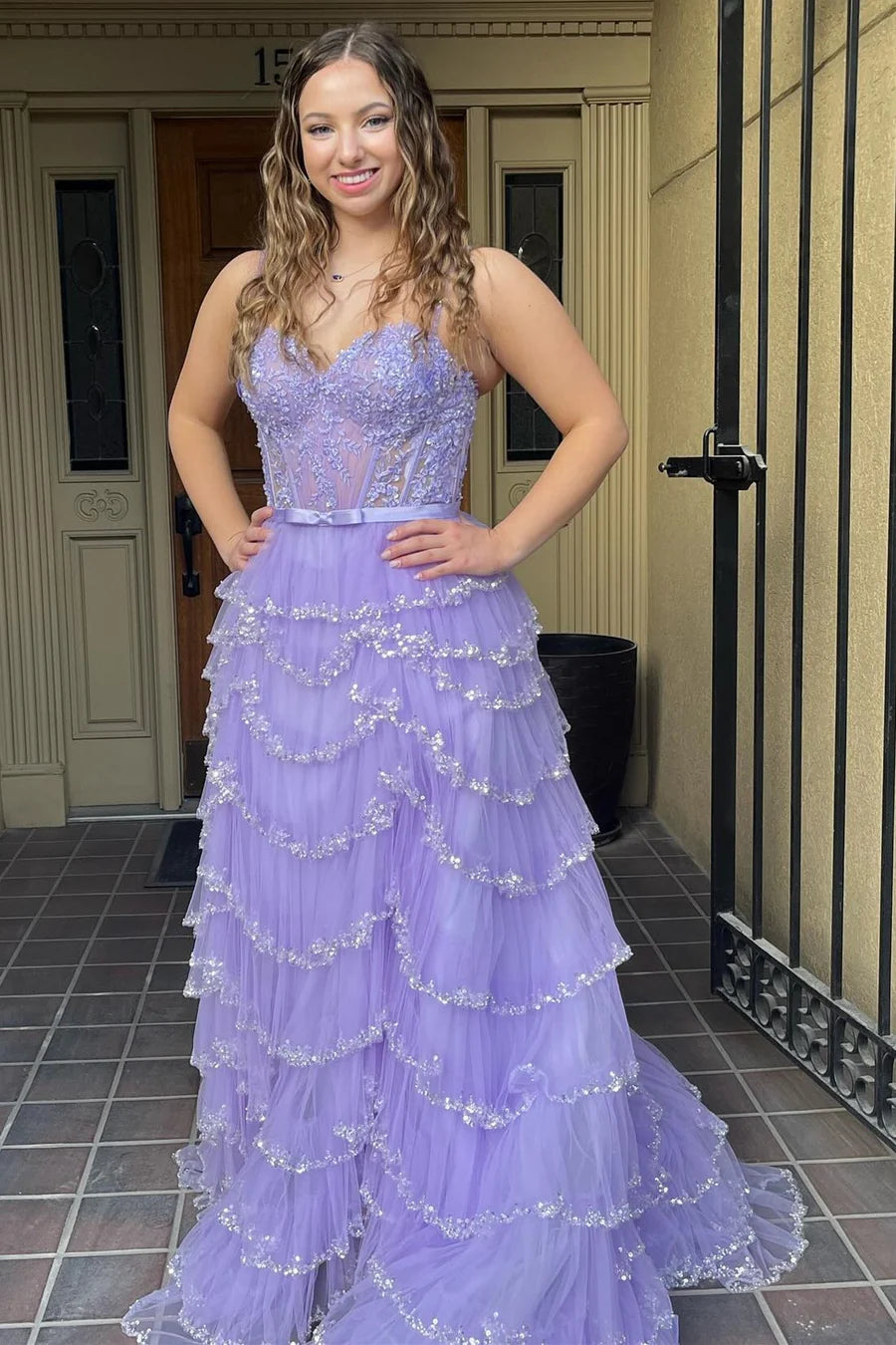 Lace bead pleated layered long ball dress with slit