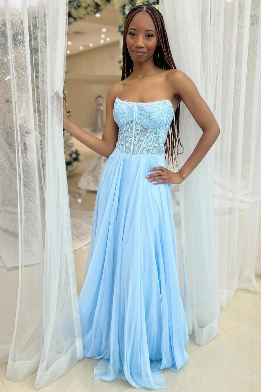 Chiffon applique strapless A-line long ball dress