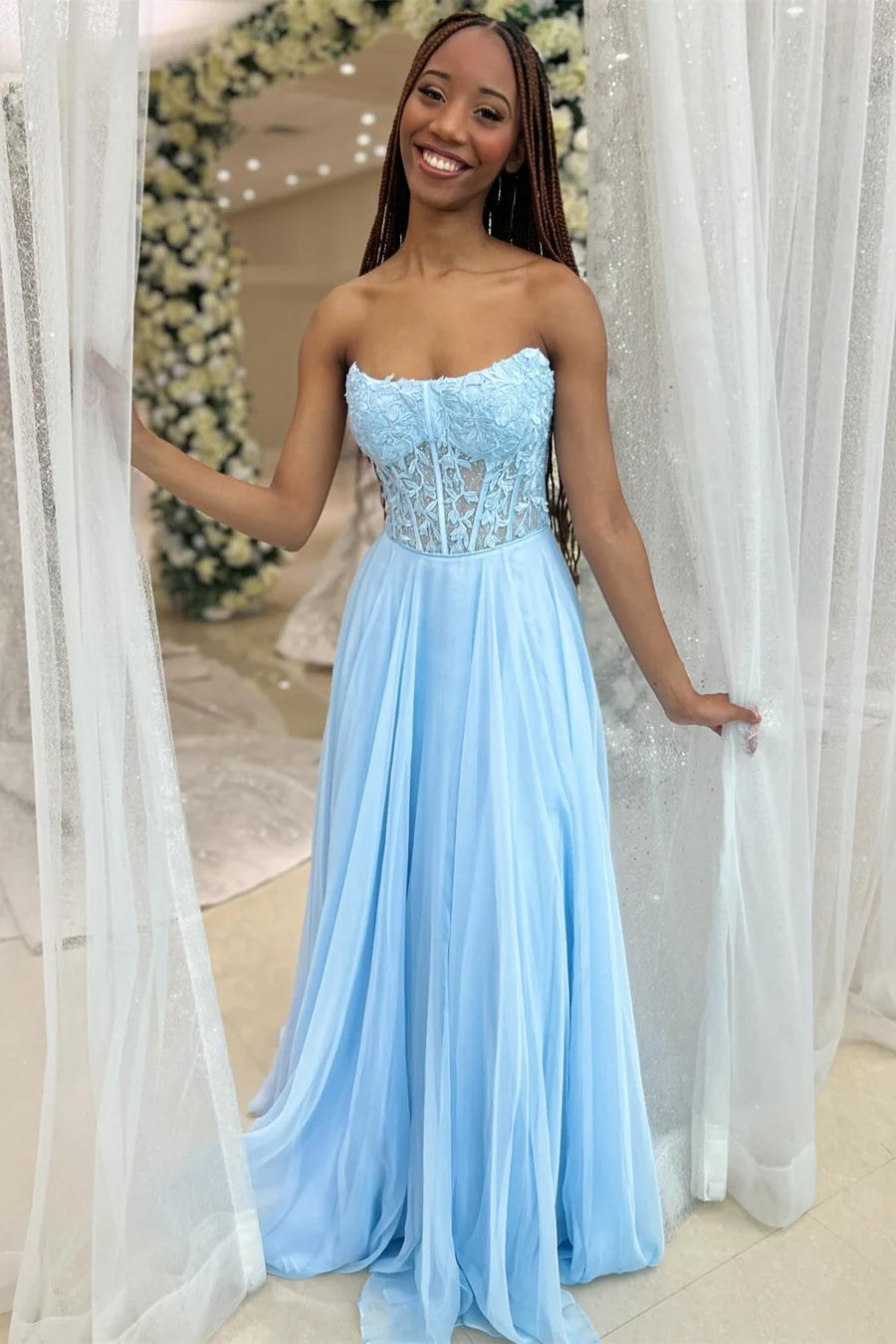 Chiffon applique strapless A-line long ball dress