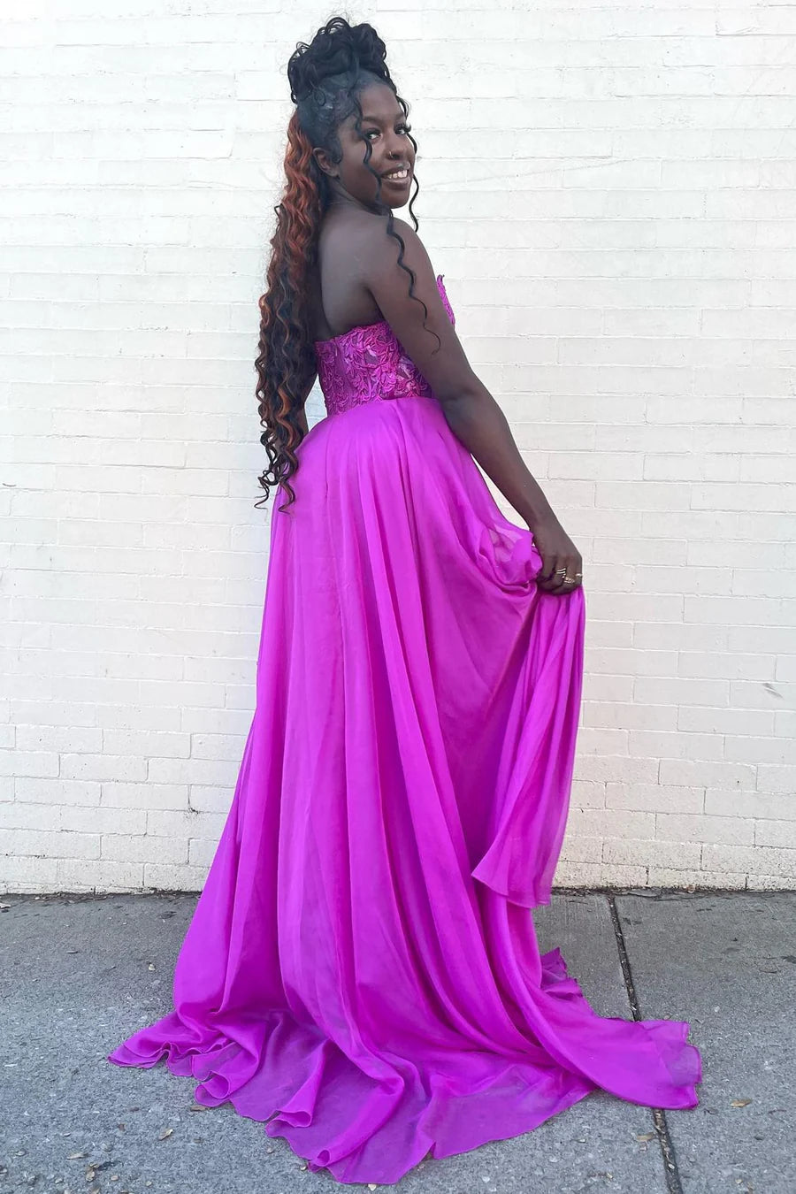Chiffon applique strapless A-line long ball dress