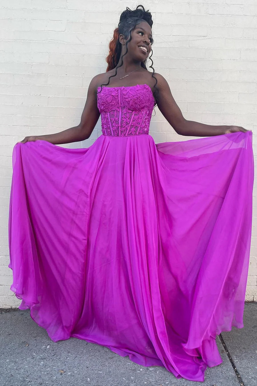 Chiffon applique strapless A-line long ball dress