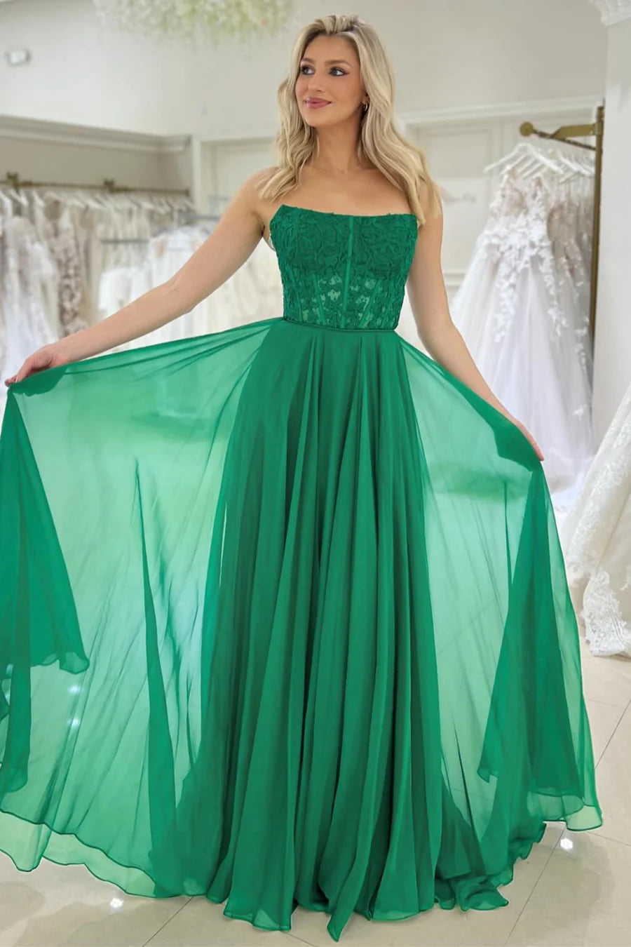 Chiffon applique strapless A-line long ball dress