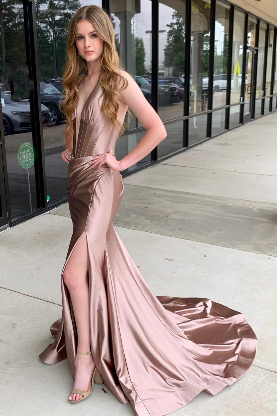 Deep V-neck cinched waist long formal slit dress