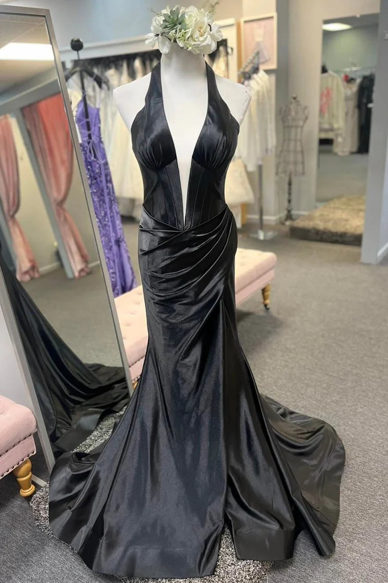 Deep V-neck cinched waist long formal slit dress