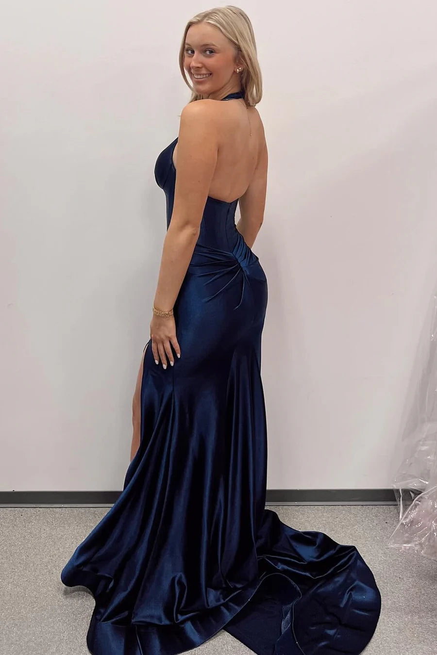 Deep V-neck cinched waist long formal slit dress