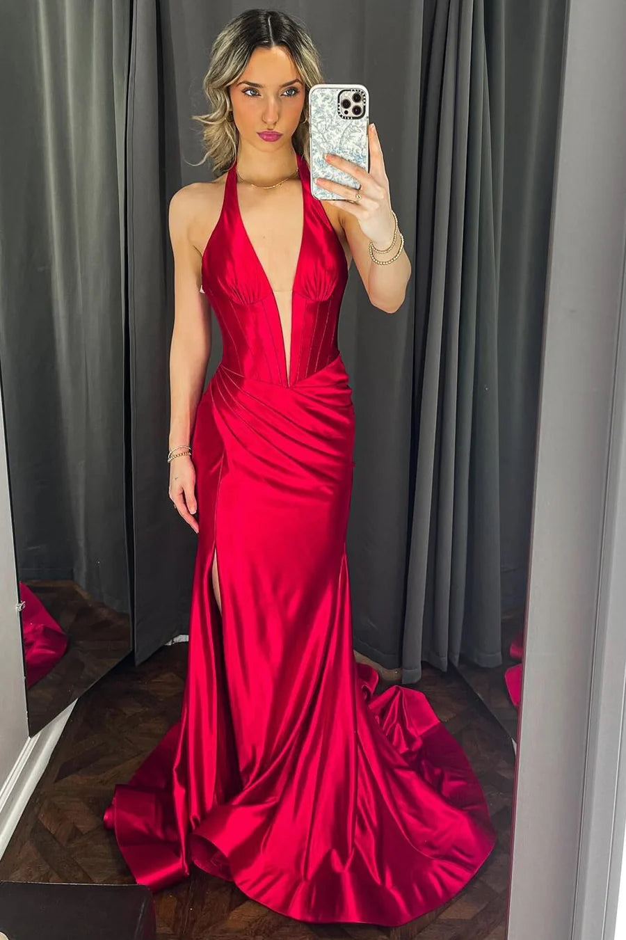 Deep V-neck cinched waist long formal slit dress