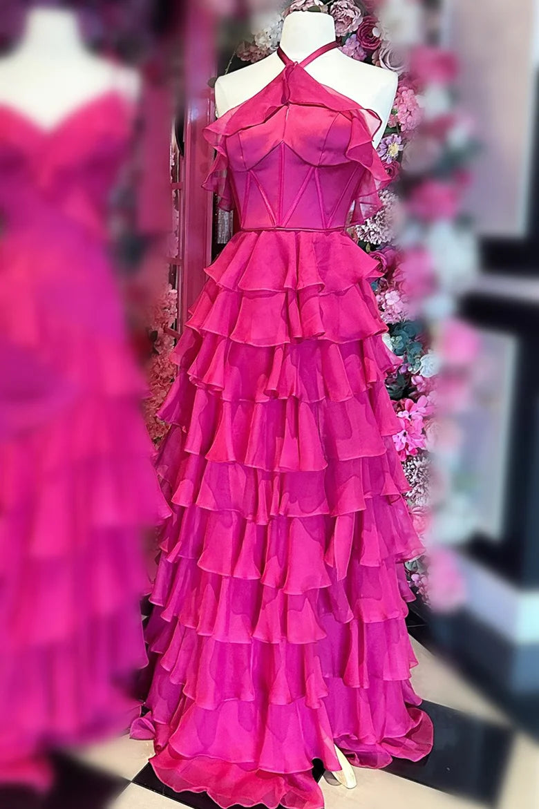 Sleeveless hanging neck backless pleated layered ball skirt with slit