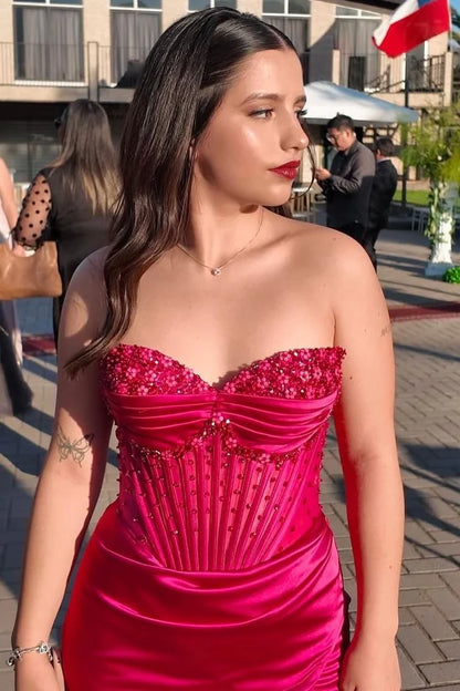 Strapless V-Neck Beads Mermaid Pleated Long Prom Dress with Slit