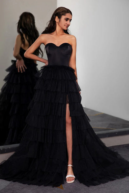 Strapless waist cinching cake skirt side slit long skirt mopping the floor