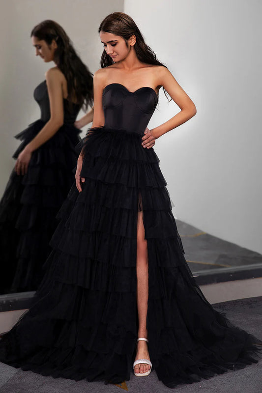 Strapless waist cinching cake skirt side slit long skirt mopping the floor