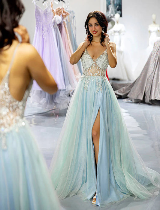 Deep V-thin camisole backless bright blue bead split ball gown