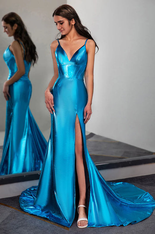 Deep V-strap satin side slit ballroom high waisted dress