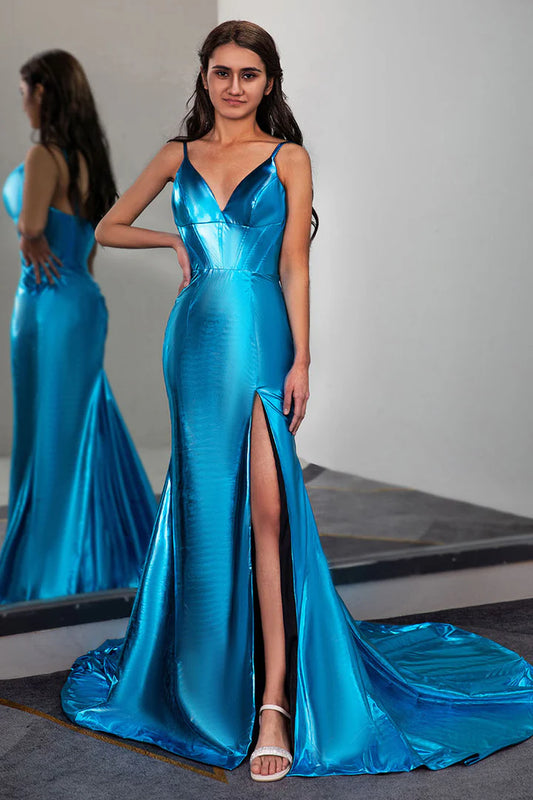 Deep V-strap satin side slit ballroom high waisted dress
