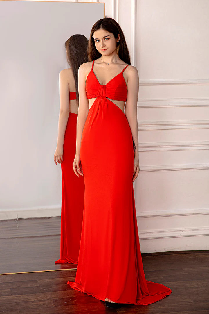 Thin suspender V-neck backless red ball gown