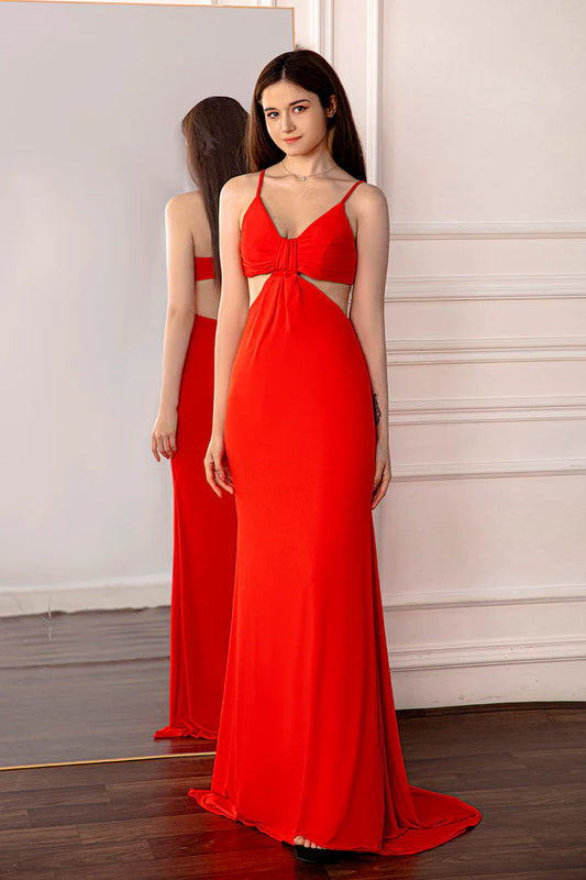 Thin suspender V-neck backless red ball gown