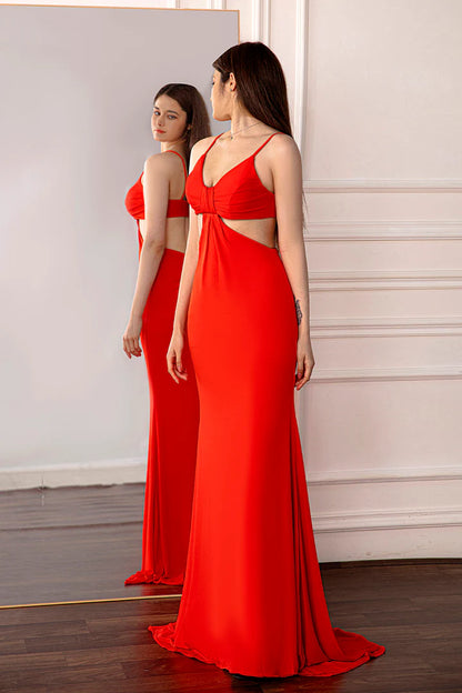 Thin suspender V-neck backless red ball gown